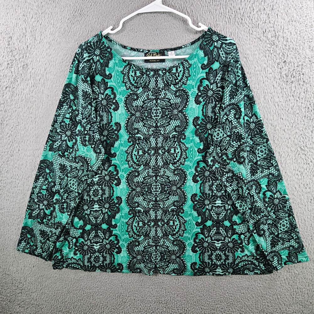 Bob Mackie Wearable Art Teal Green Black Lace Print Top Blouse 1X Long Sleeve